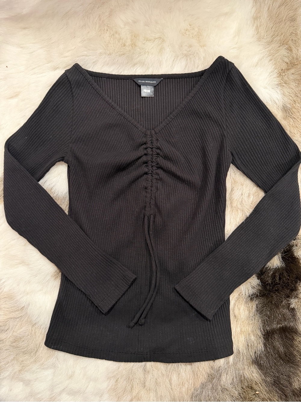 Club Monaco Black Ribbed V-Neck Top with Front Drawstring small